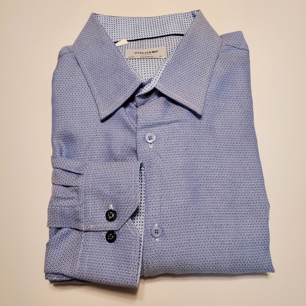 Duchamp Blue Geometric Dress Shirt Cotton Taylored Fit Barrel Cuff